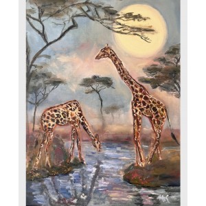"Giraffes at the Waterhole" is an atmospheric oil painting by Ukrainian artist Marina Stognieva
